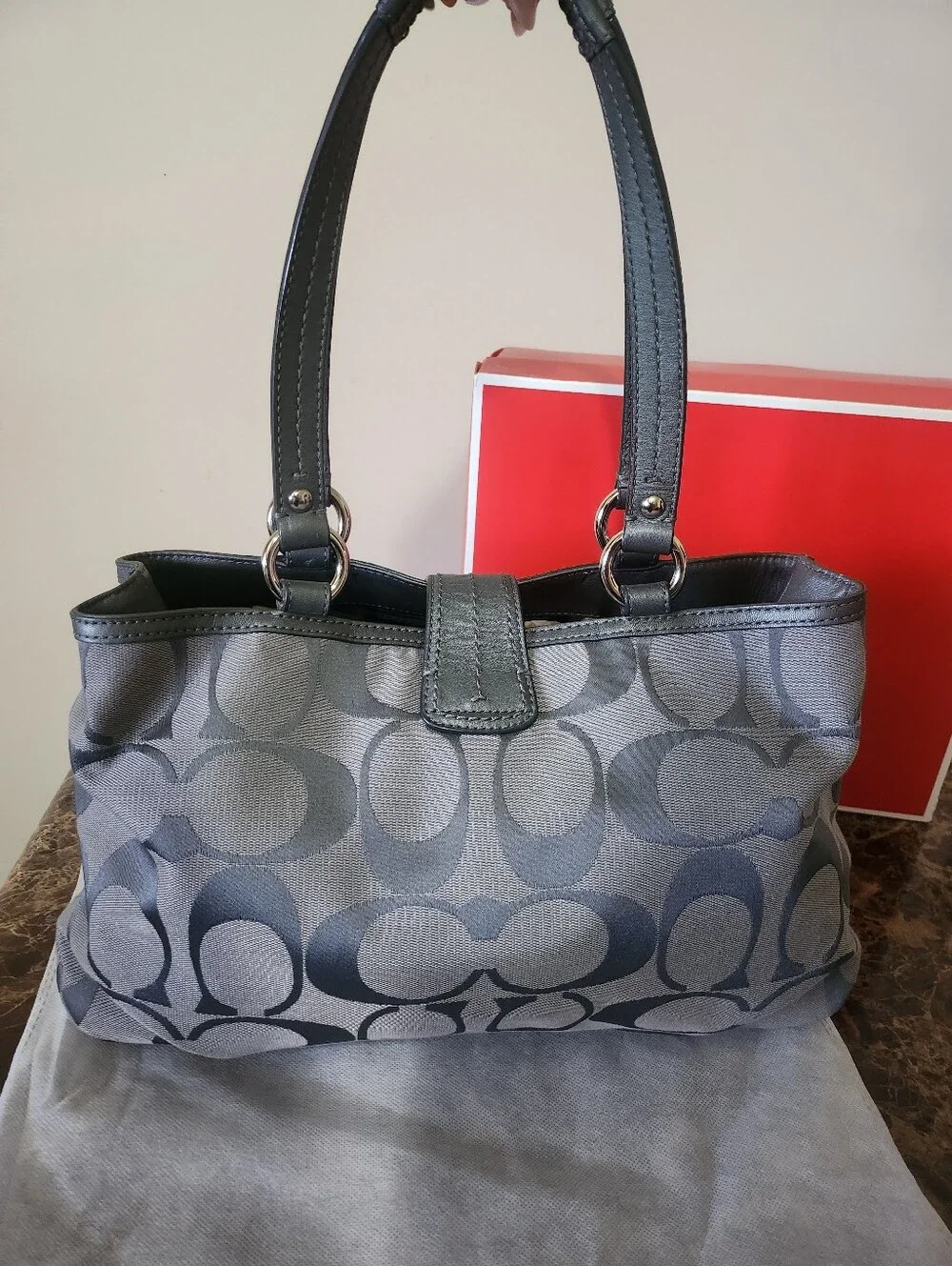 Coach Gray Signature Canvas Shoulder Bag with Leather Trim EUC - Picture 8 of 14